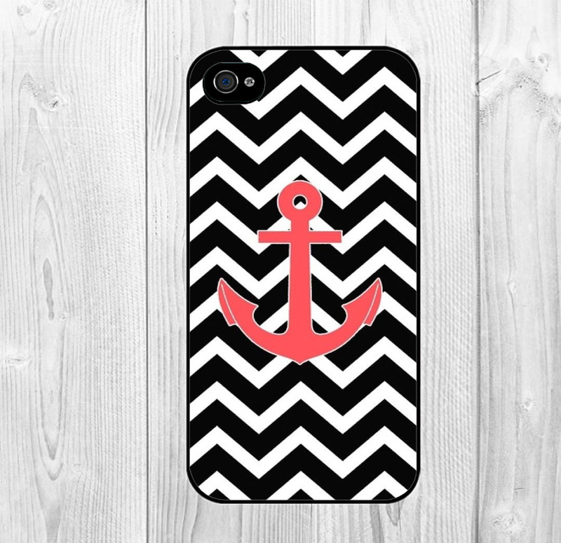Cool Black And White Chervon Stripes With Red Anchor Pattern Hard Snap On Case Protective Skin Cover For Apple Iphone 4 4s, Iphone 5 5s, Iphone