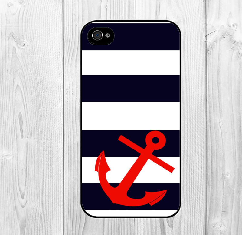 Cool Chervon Stripes With Red Nautical Anchor Pattern Hard Snap On Case Protective Skin Cover For Apple Iphone 4 4s, Iphone 5 5s, Iphone 5c
